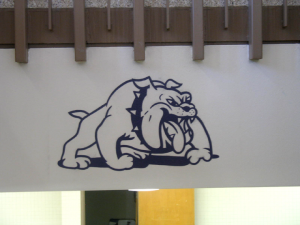 Bulldog on stair wall